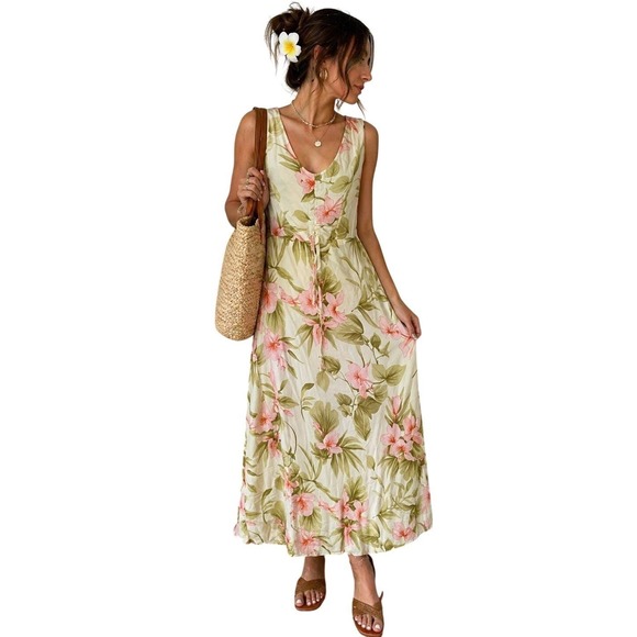 Hilo Hattie Dresses & Skirts - Hilo Hattie Hawaiian Original Floral Midi Dress Pink Hibiscus Tropical Large Y2K